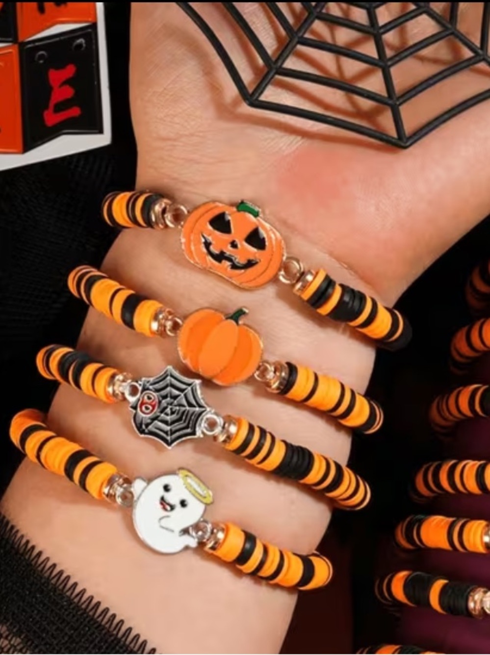 Halloween Women Kids Spider Web Bracelet- Orange & Black NEW NWT - Picture 5 of 8